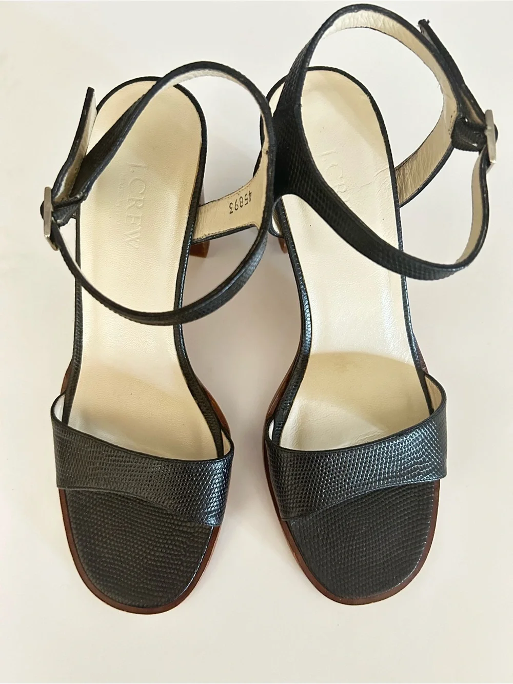 J. Crew Italy block heel sandals, lizard embossed, all leather, black, size 8